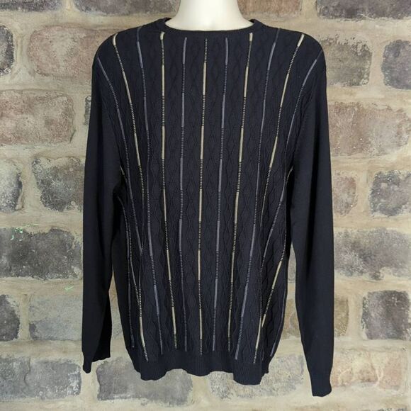 Pronto Uomo Sweater Men's Size XL Black‎ Stripes Textured Lightweight Cosby 80's - Picture 2 of 13
